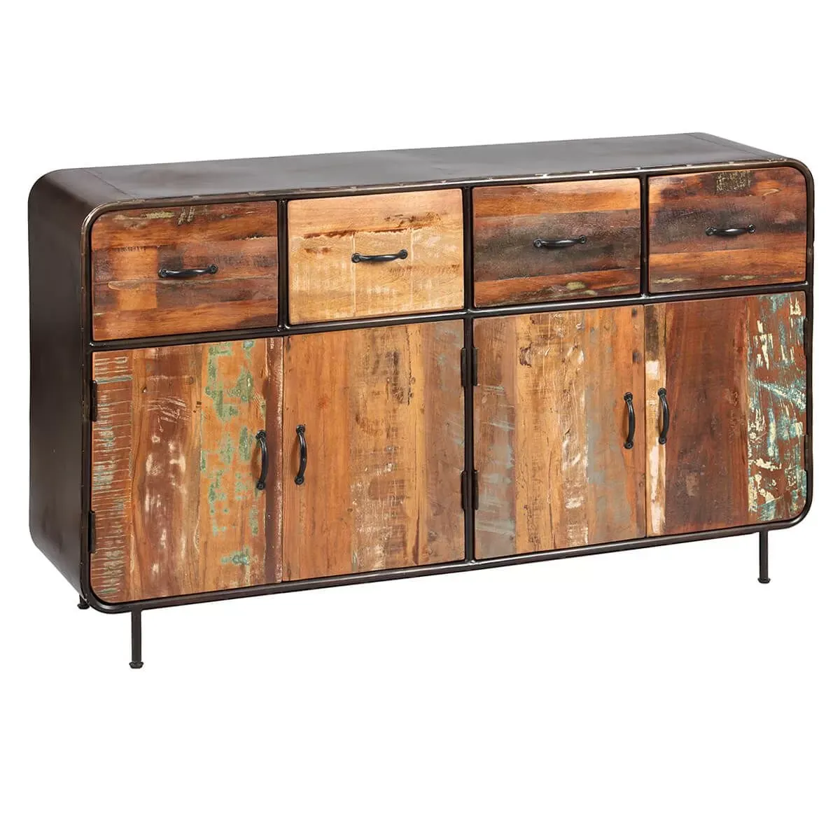 Buffet 4 portes 4 tiroirs en bois massif et métal rouillé