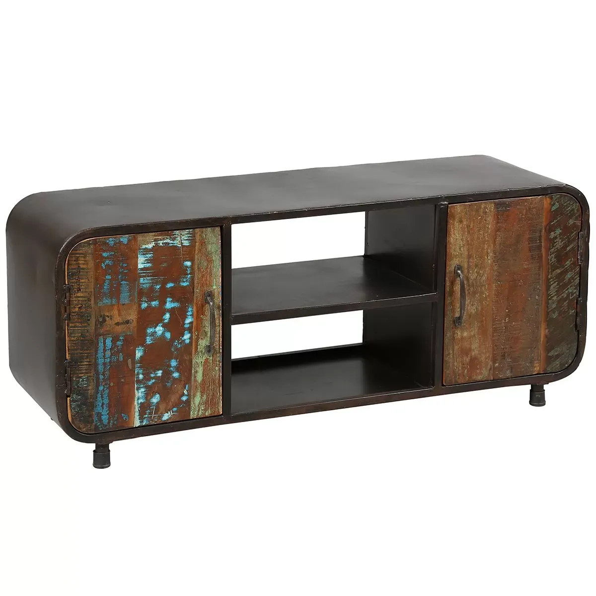 Meuble  tv 2 portes en bois recyclé de caractère structure acier