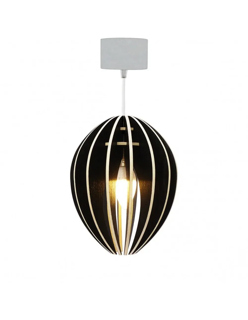 Lampe suspension bois et béton frêne teinté noir cordon blanc