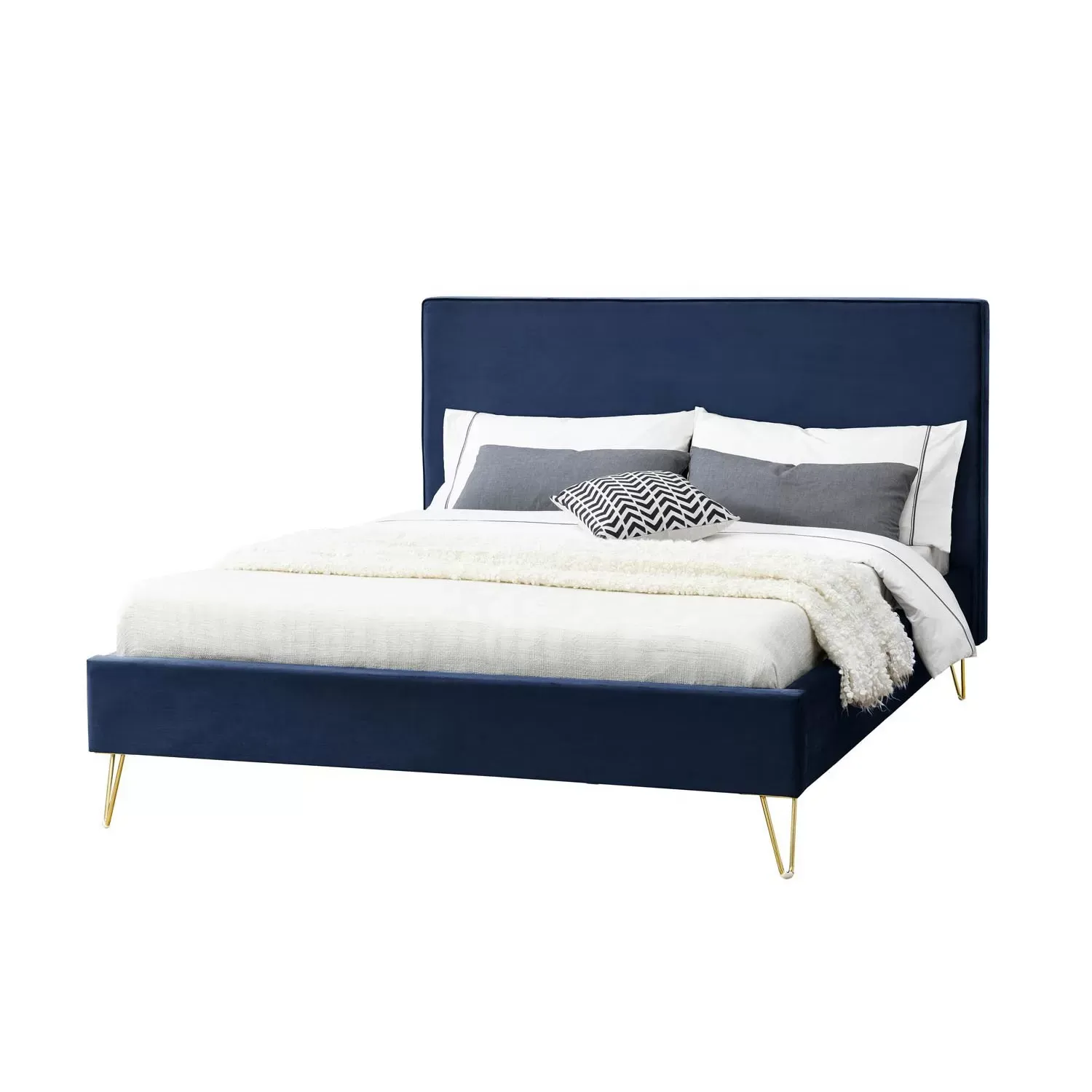 Structure de lit 140 x 190 cm en velours et laiton bleu