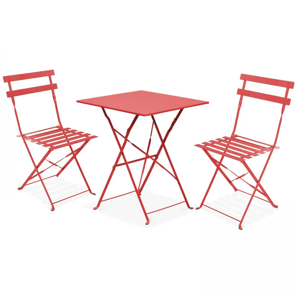 Table bistrot de jardin et 2 chaises pliantes rouge