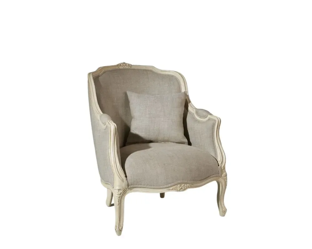 Fauteuil bergère en bois massif et lin premium blanc