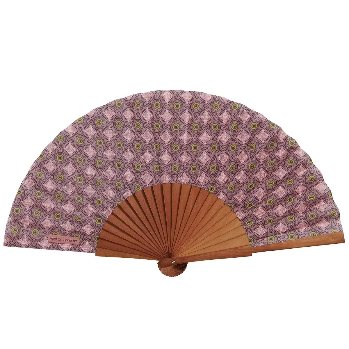 Eventail bois de merisier motif graphique rose