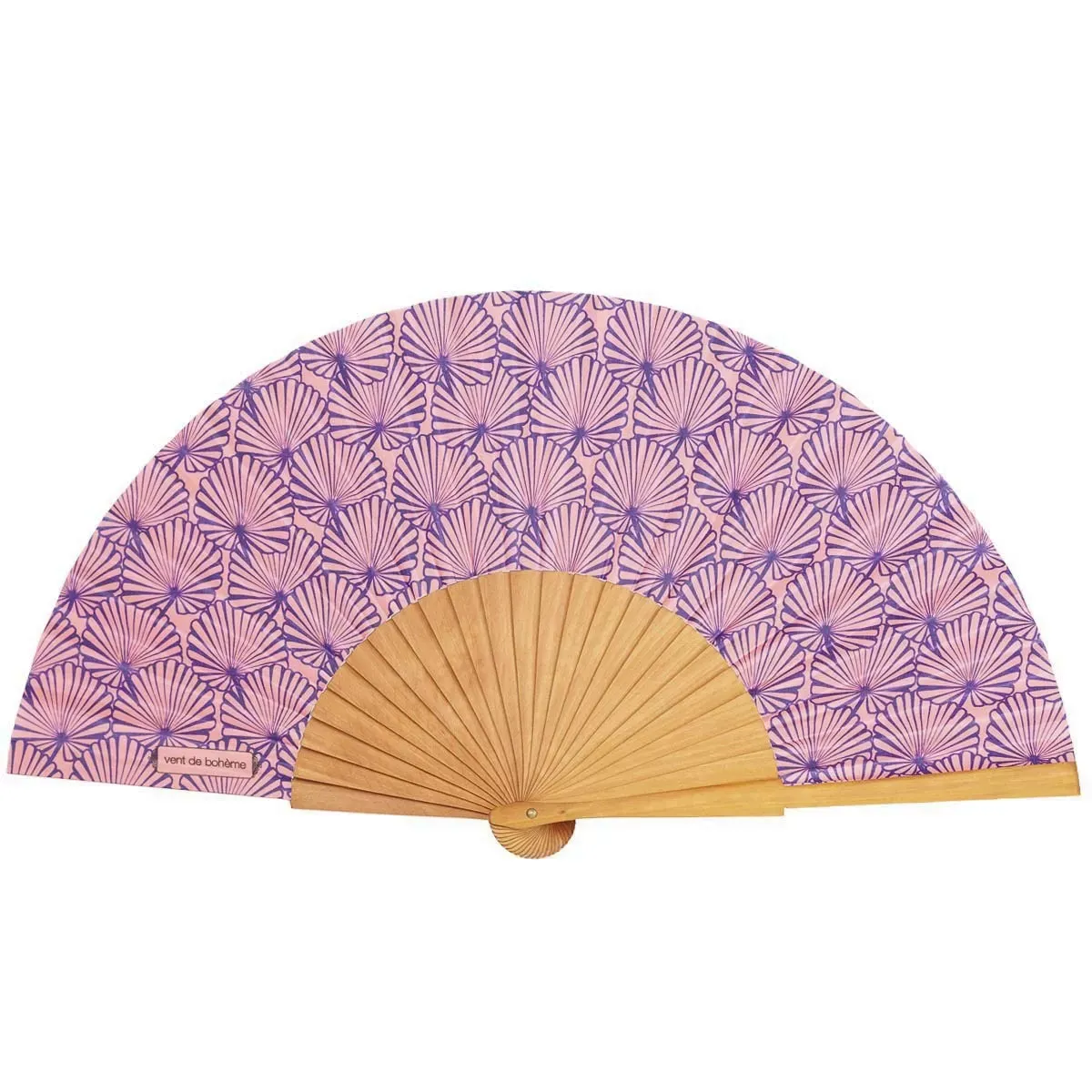 Eventail bois de merisier motif tropical rose