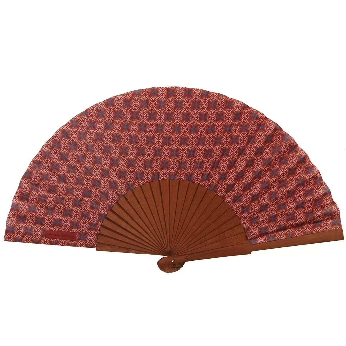 Eventail bois de merisier motif graphique orange