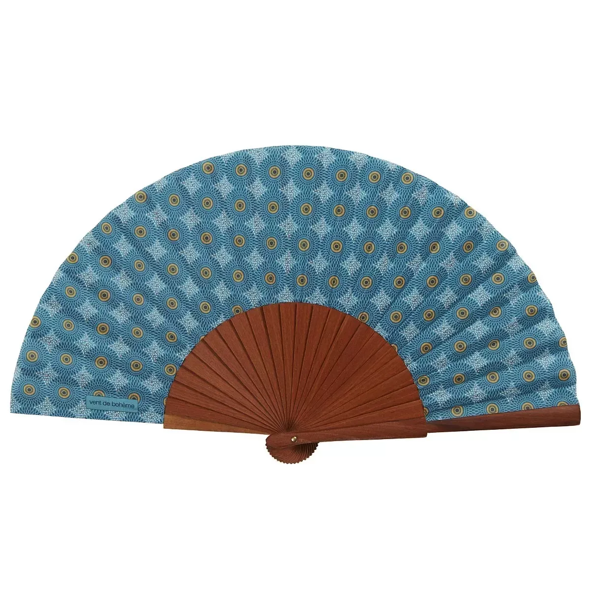 Eventail bois de merisier motif graphique turquoise