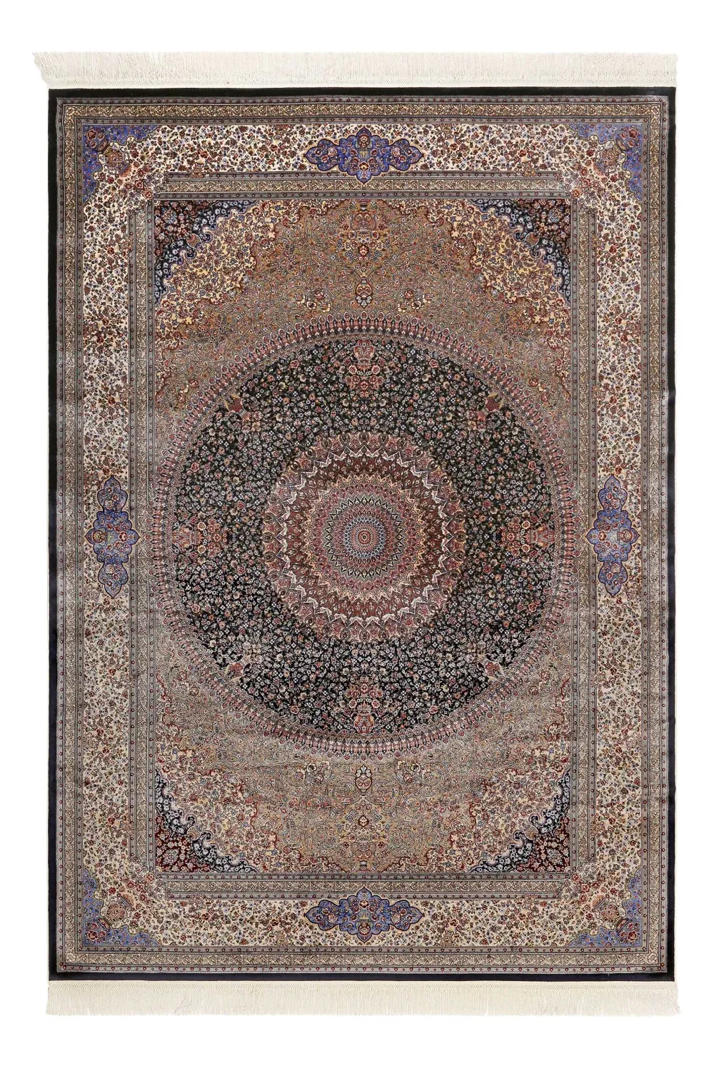Tapis tissé fin soyeux vintage bleu de très grande qualité 290x200