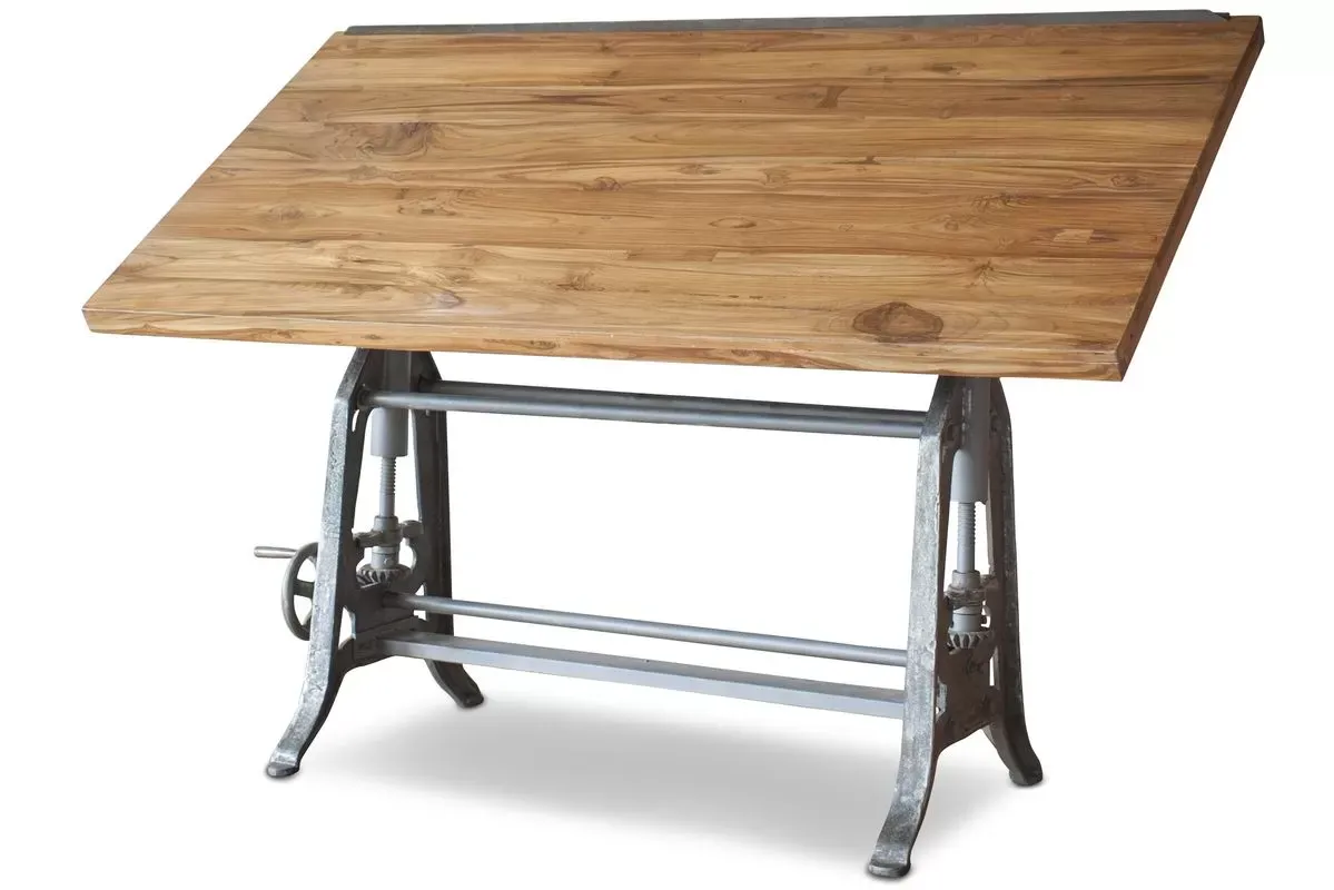 Table d'architecte en fonte et teck marron