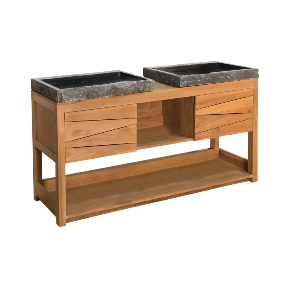 Meuble double vasque en teck et 2 vasques noir L160cm