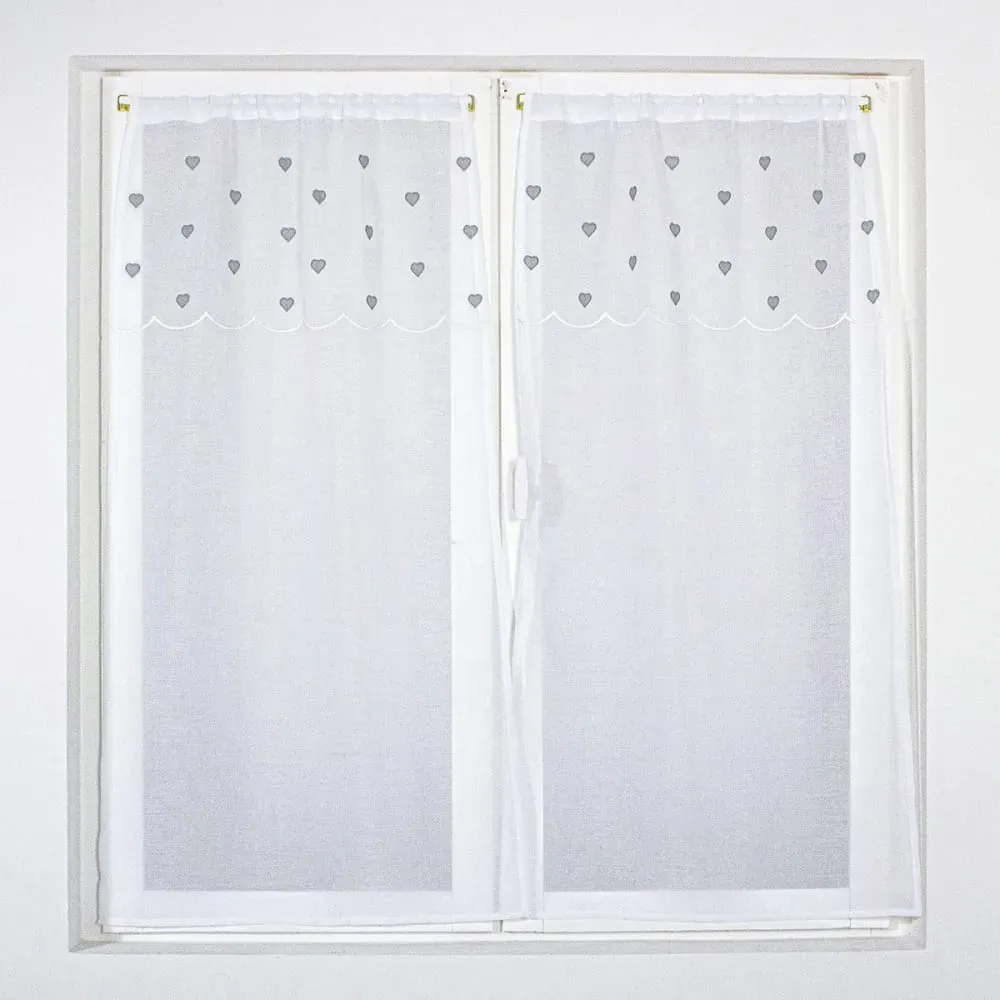 Paire de vitrages droits sablés avec top à coeurs polyester gris 90x60