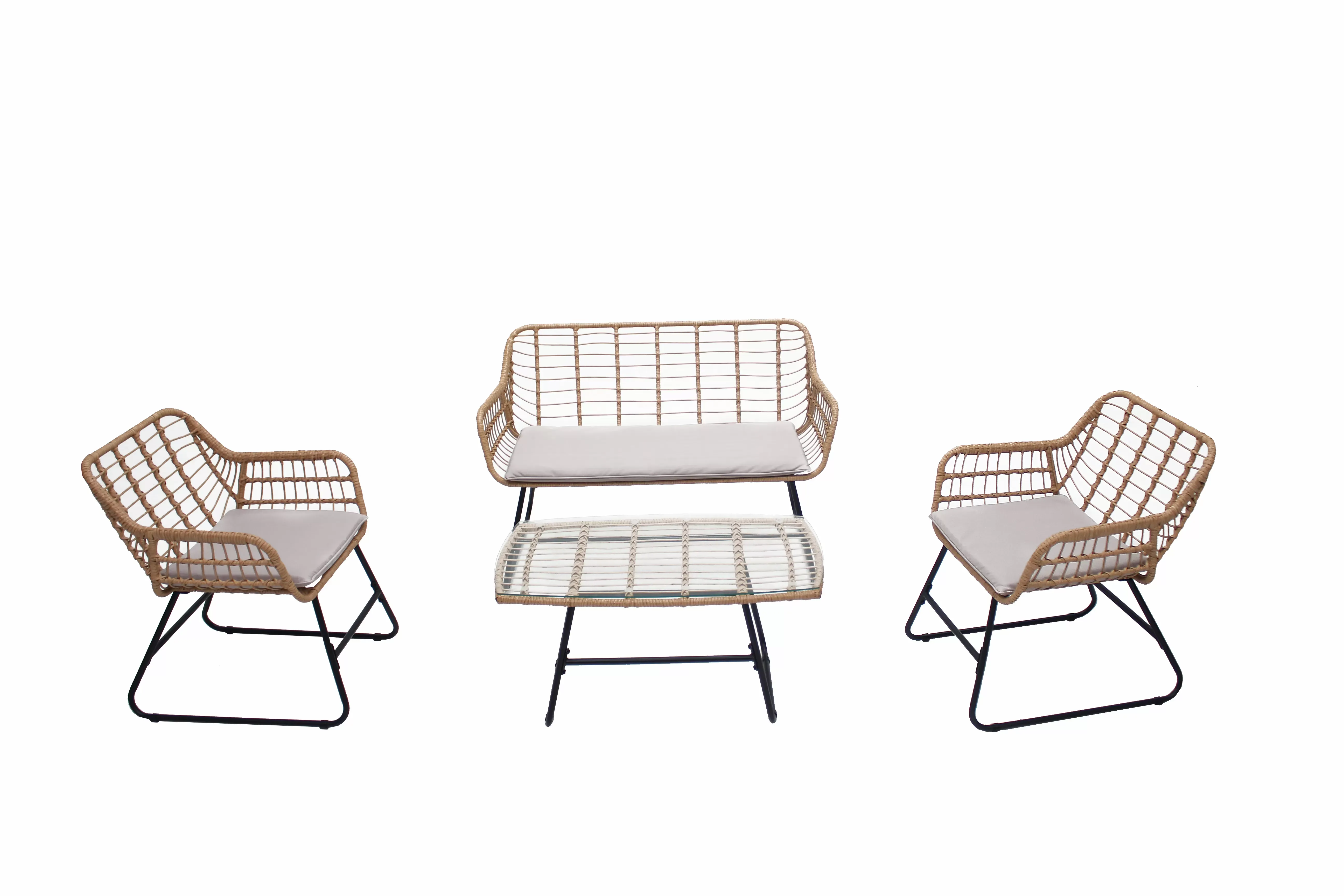 Salon de jardin 4 places en rotin et acier beige et noir