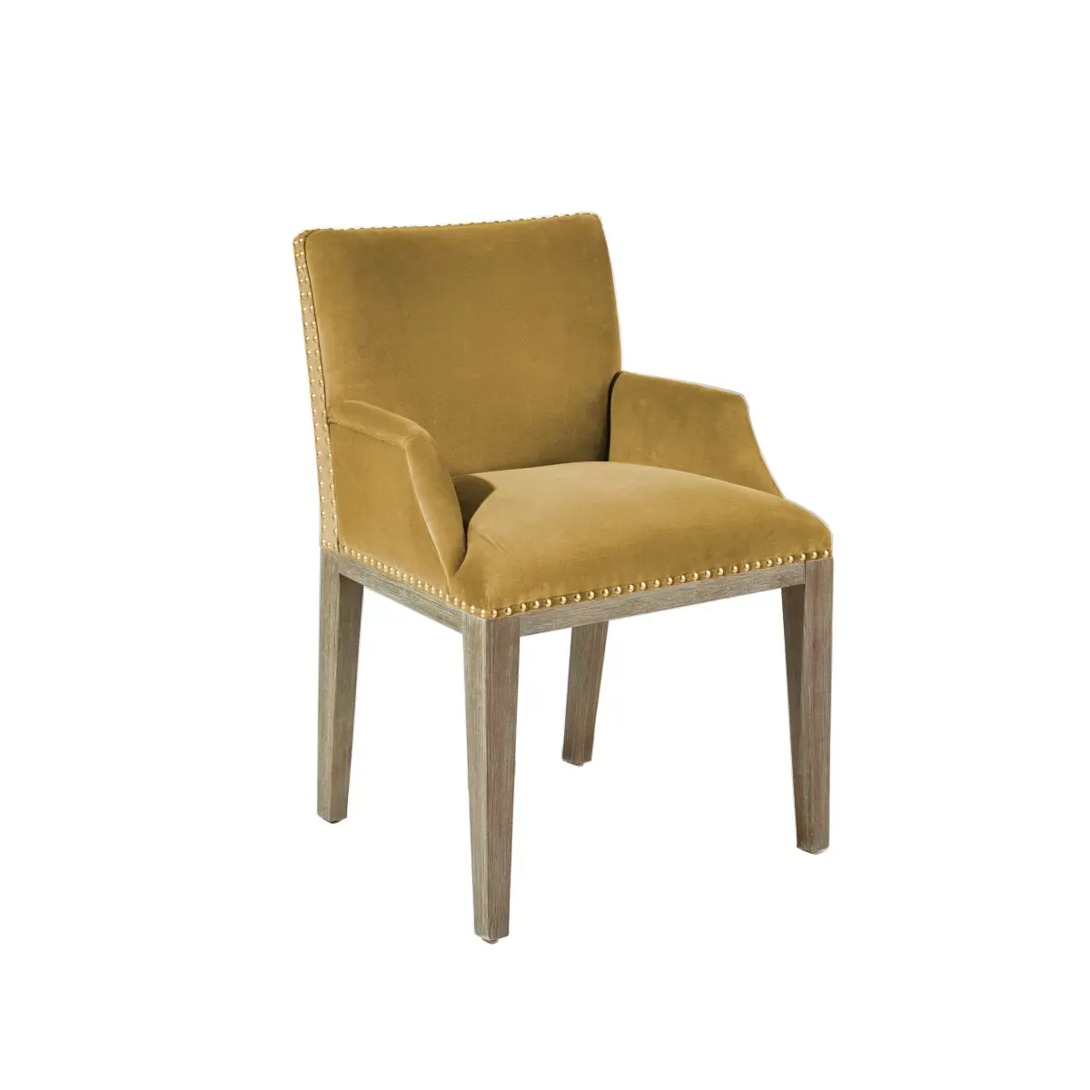 KENZA - Fauteuil de table en velours et en bois clouté jaune moutarde