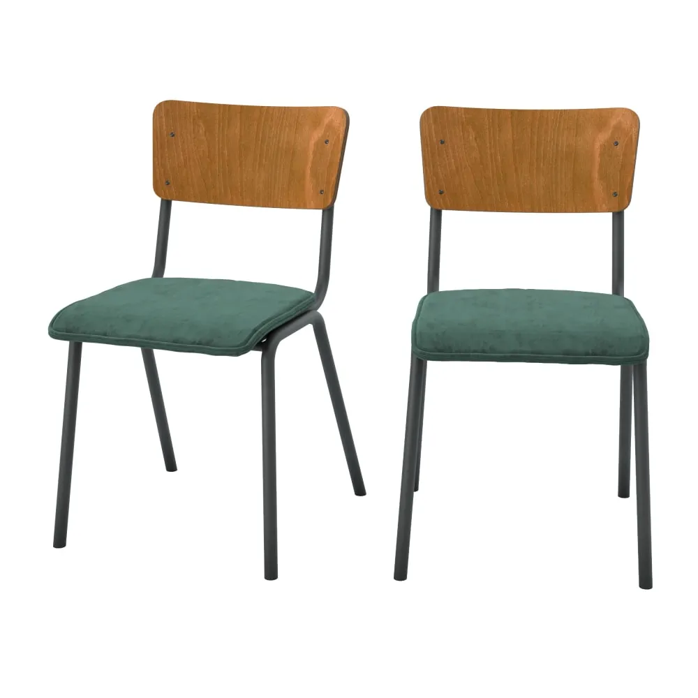 Lot de 2 chaises en bois foncé et velours vert