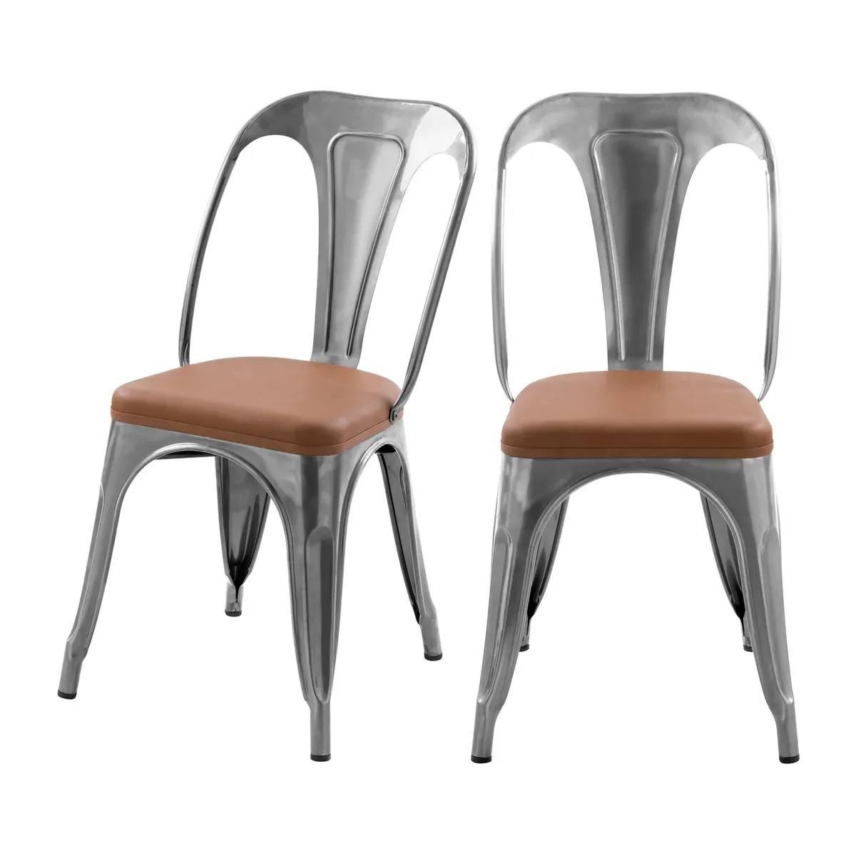 Lot de 2 chaises en métal chrome et cuir synthétique marron