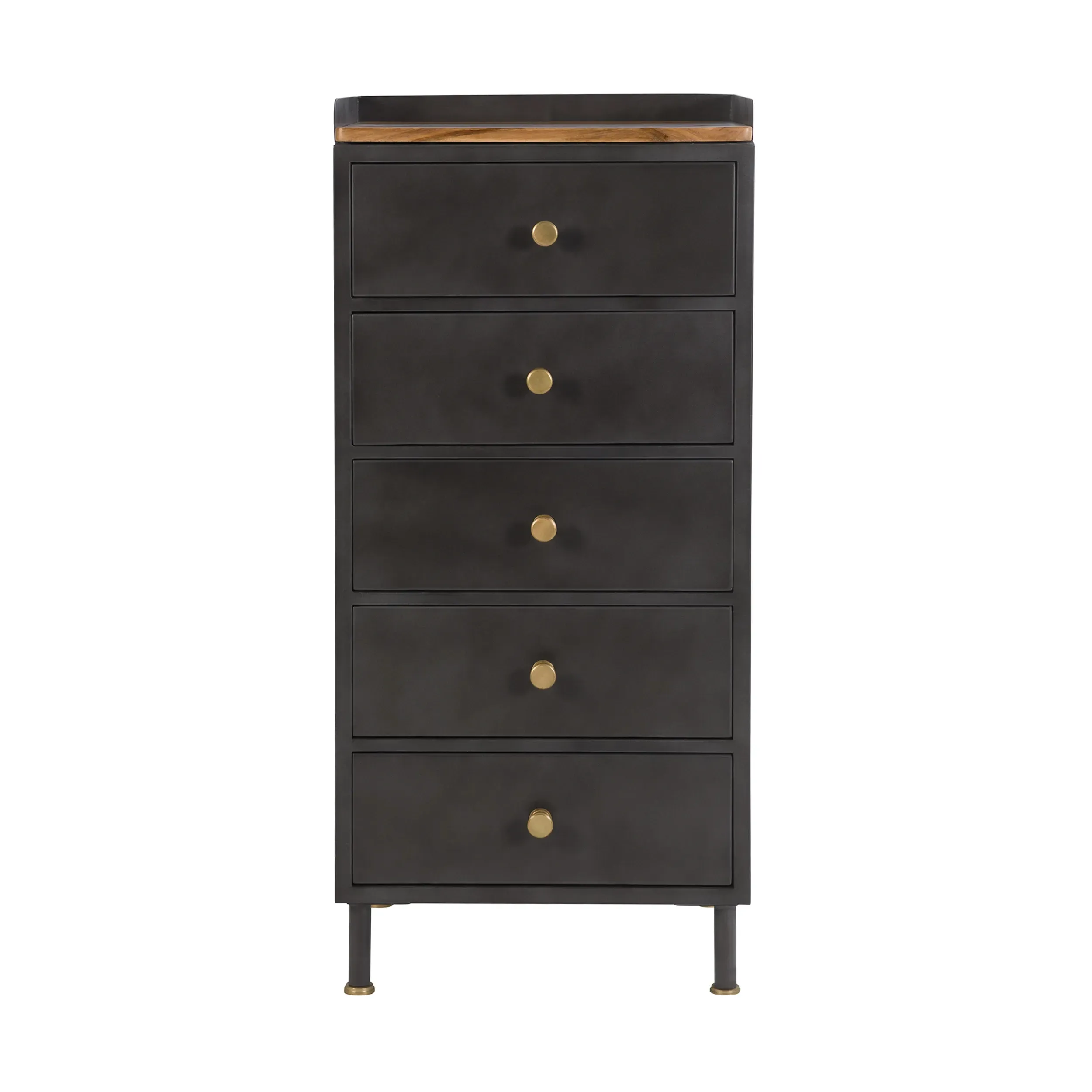 Chiffonnier 5 tiroirs en métal gris métallisé et bois de manguier