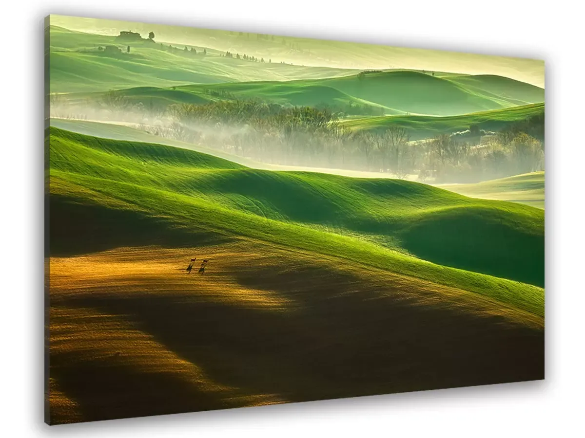 Tableau nature collines brumeuses toile imprimée 120x80 cm