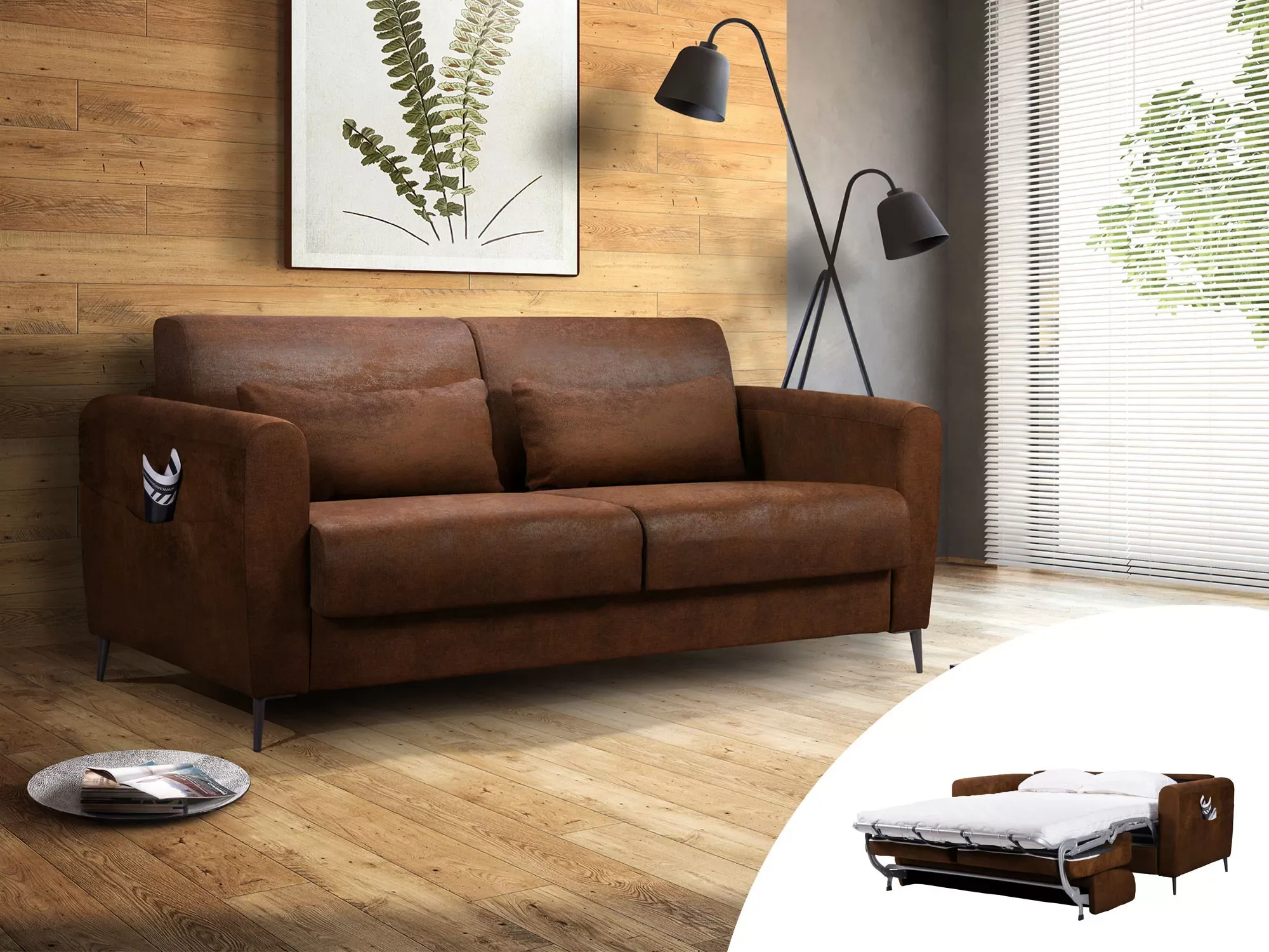 Canapé droit convertible 3 places en microfibre marron