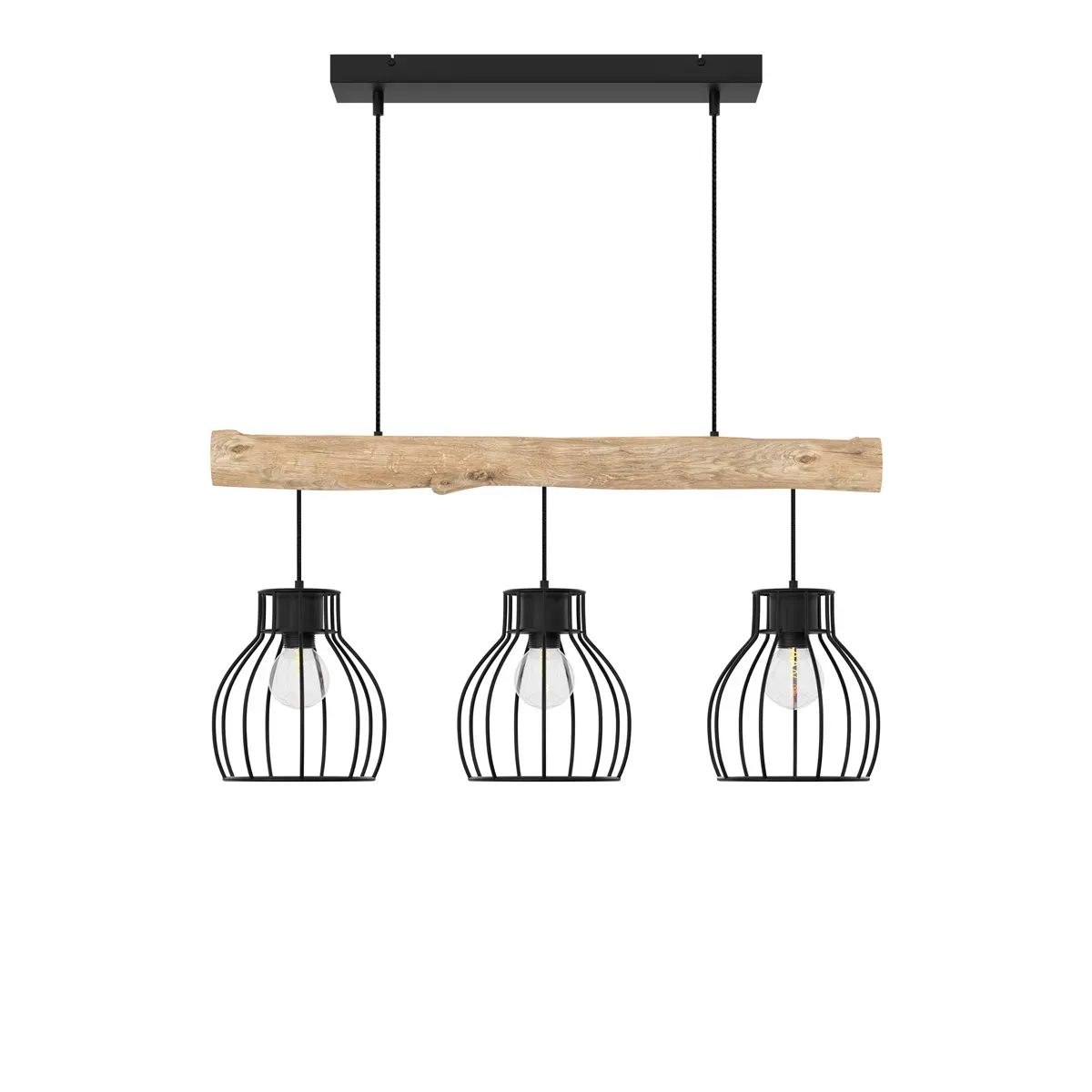 Suspension 3 lampes en bois d'eucalyptus et métal noir