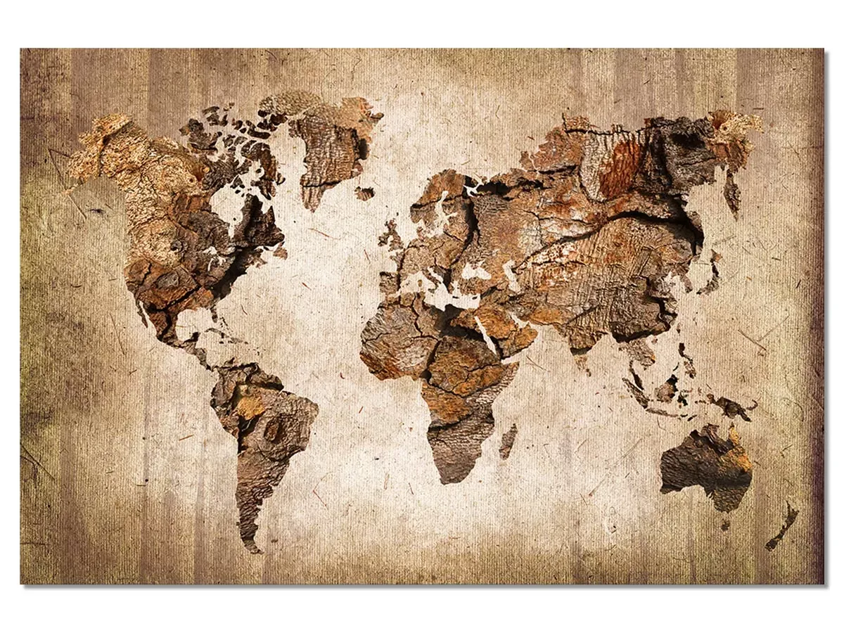 Tableau carte du monde effet bois imprimé sur toile 45x30 cm