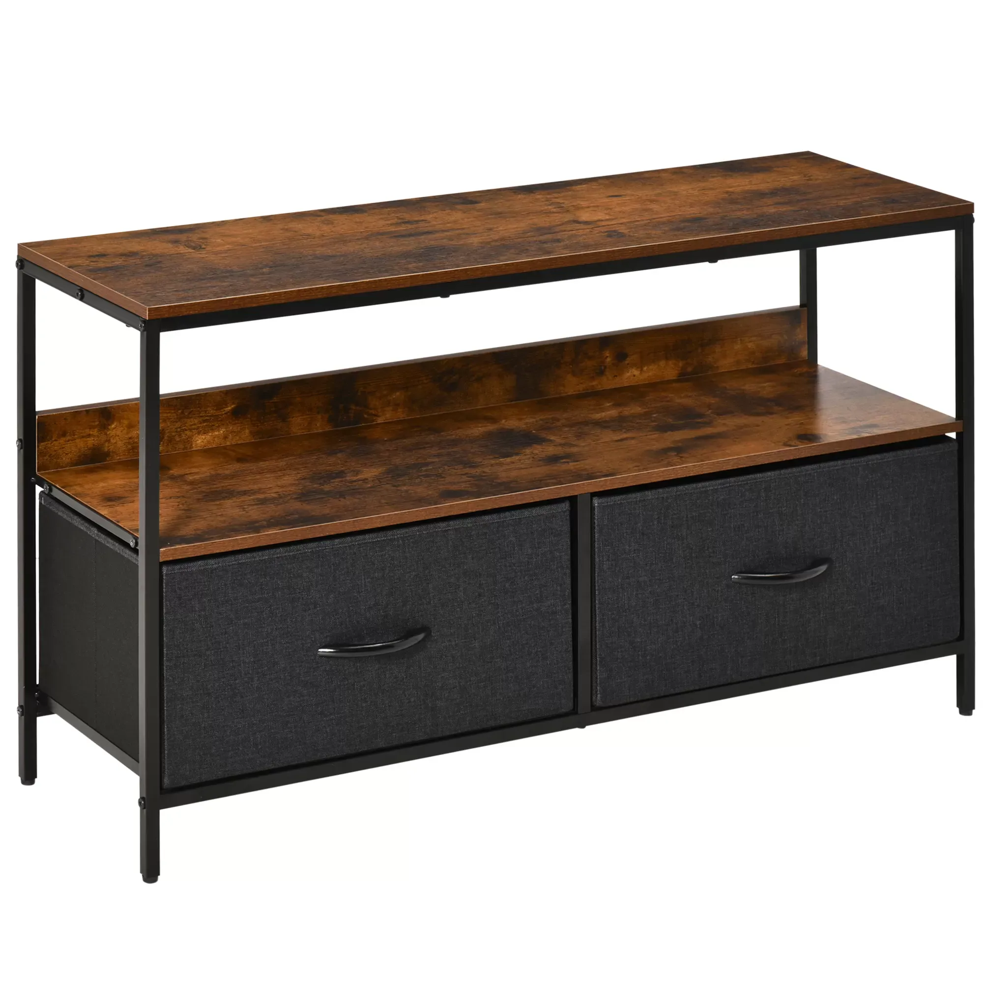 Meuble TV industriel 2 tiroirs tissu gris acier MDF noir bois vieilli