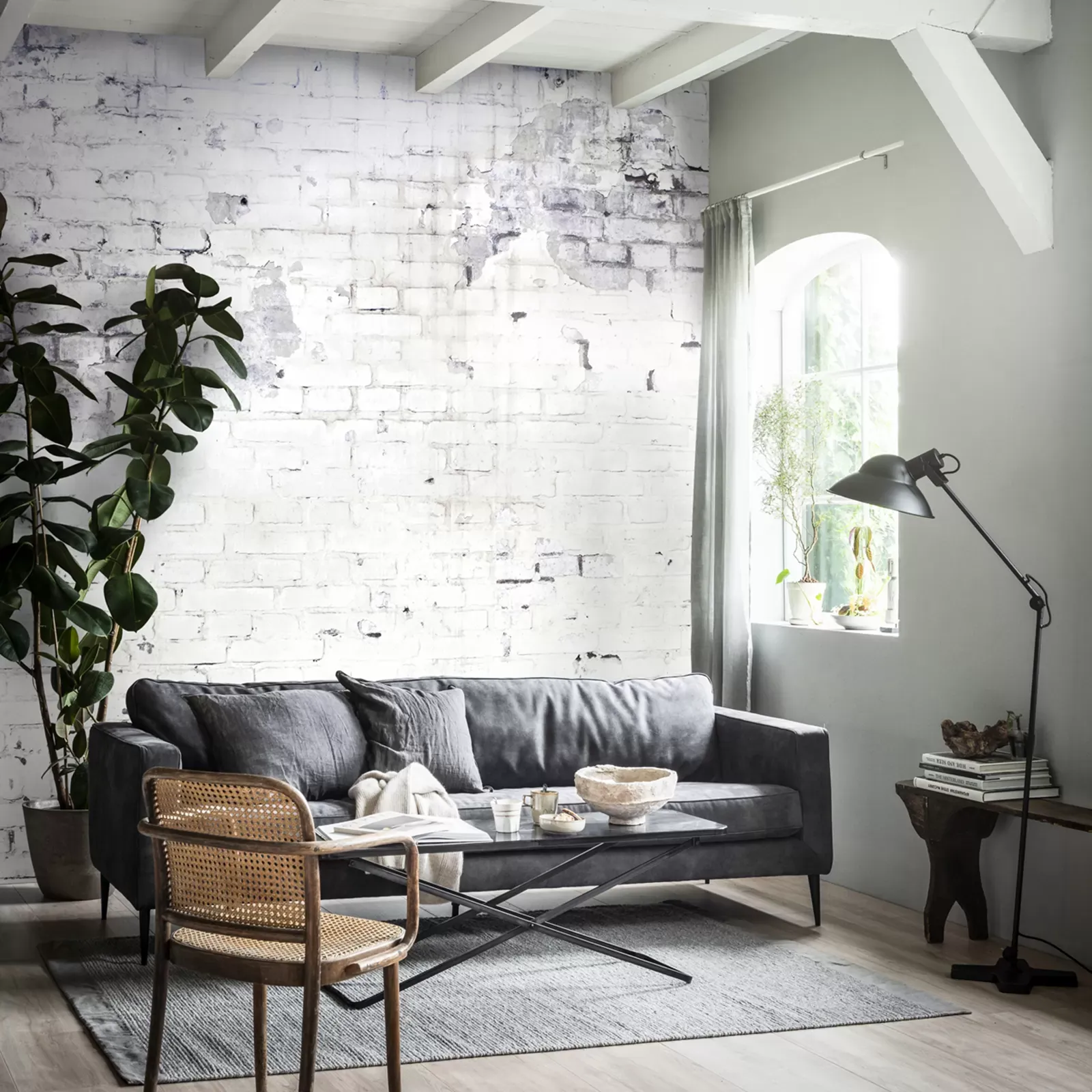 Papier peint panoramique intissé mur briques loft blanc 300x300cm