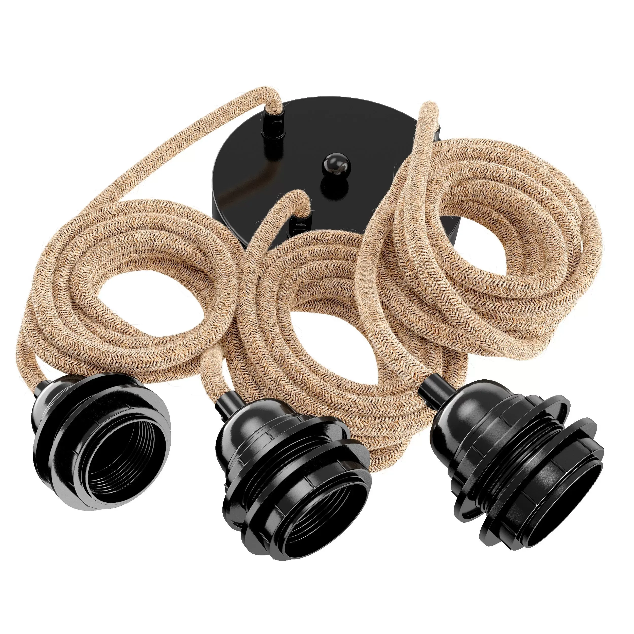 Suspension 3 fils électriques en tissu ficelle 2,5m douille noire