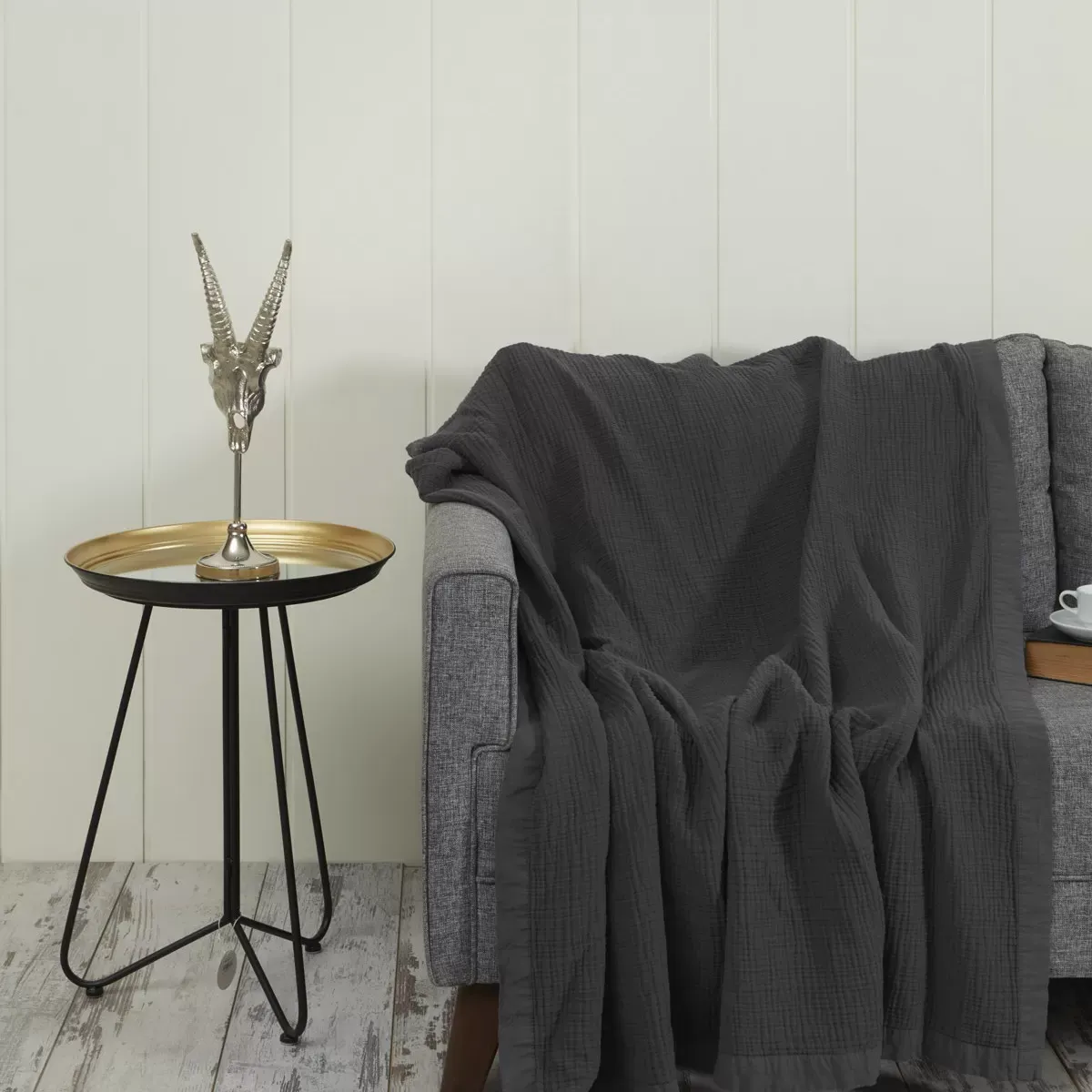 Plaid gansé en gaze de coton  carbone 130x170 cm