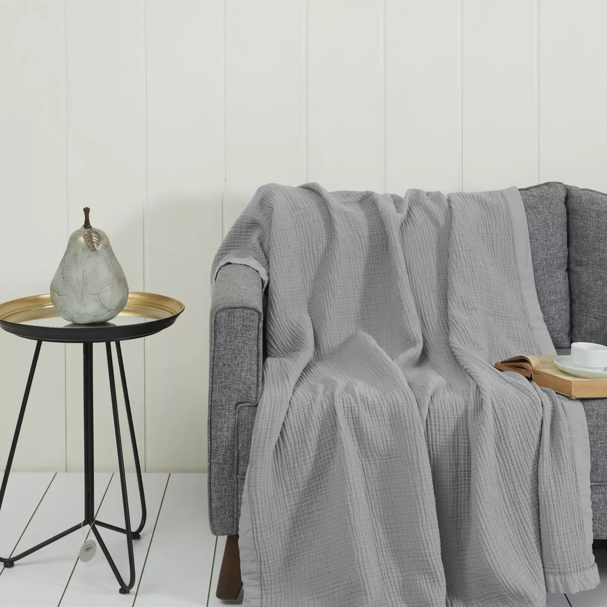 Plaid gansé en gaze de coton  gris perle 130x170 cm