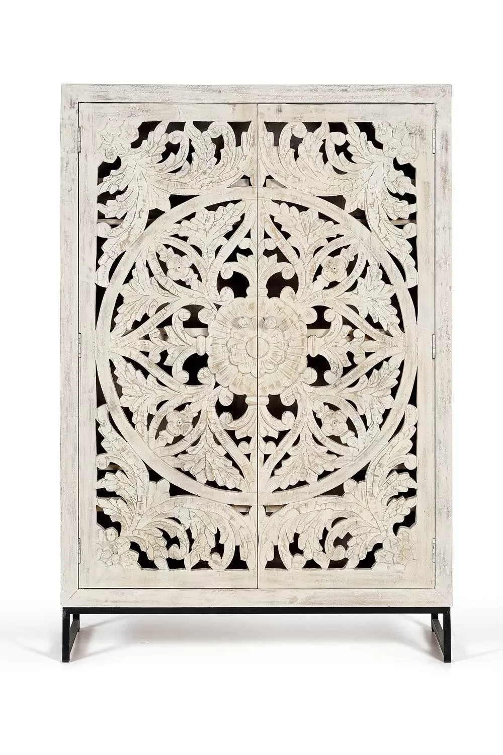 Vitrine en manguier et pieds en métal blanc vieilli