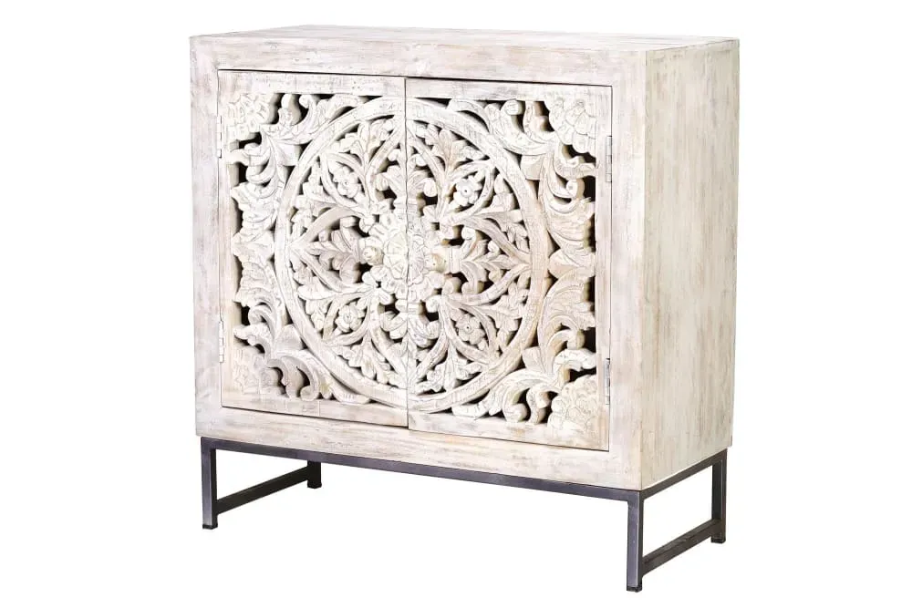 Buffet en manguier pieds en métal blanc et gris vieilli