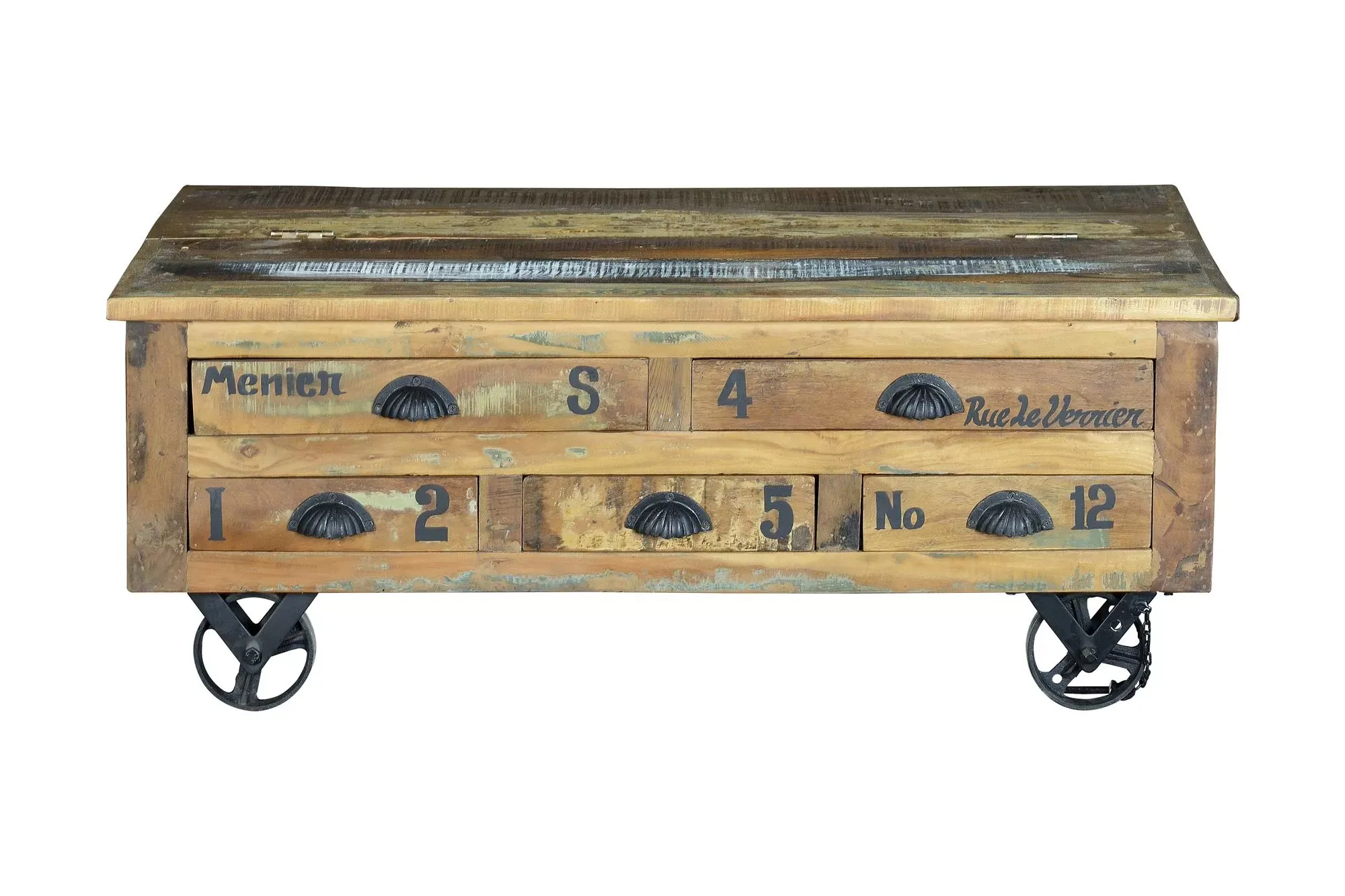 Table basse en bois recyclé et roulettes métal multicolores