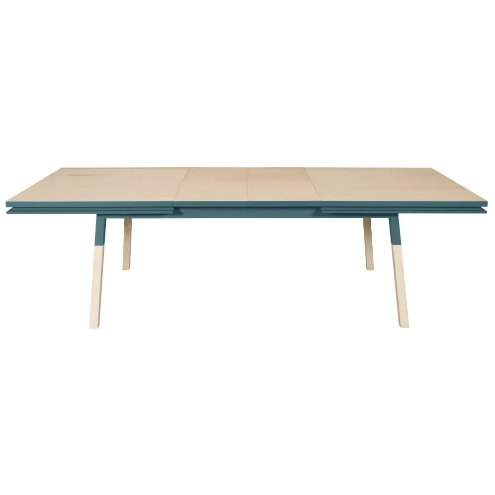 Table 180x100 cm en frêne massif, 2 rallonges bleu frehel