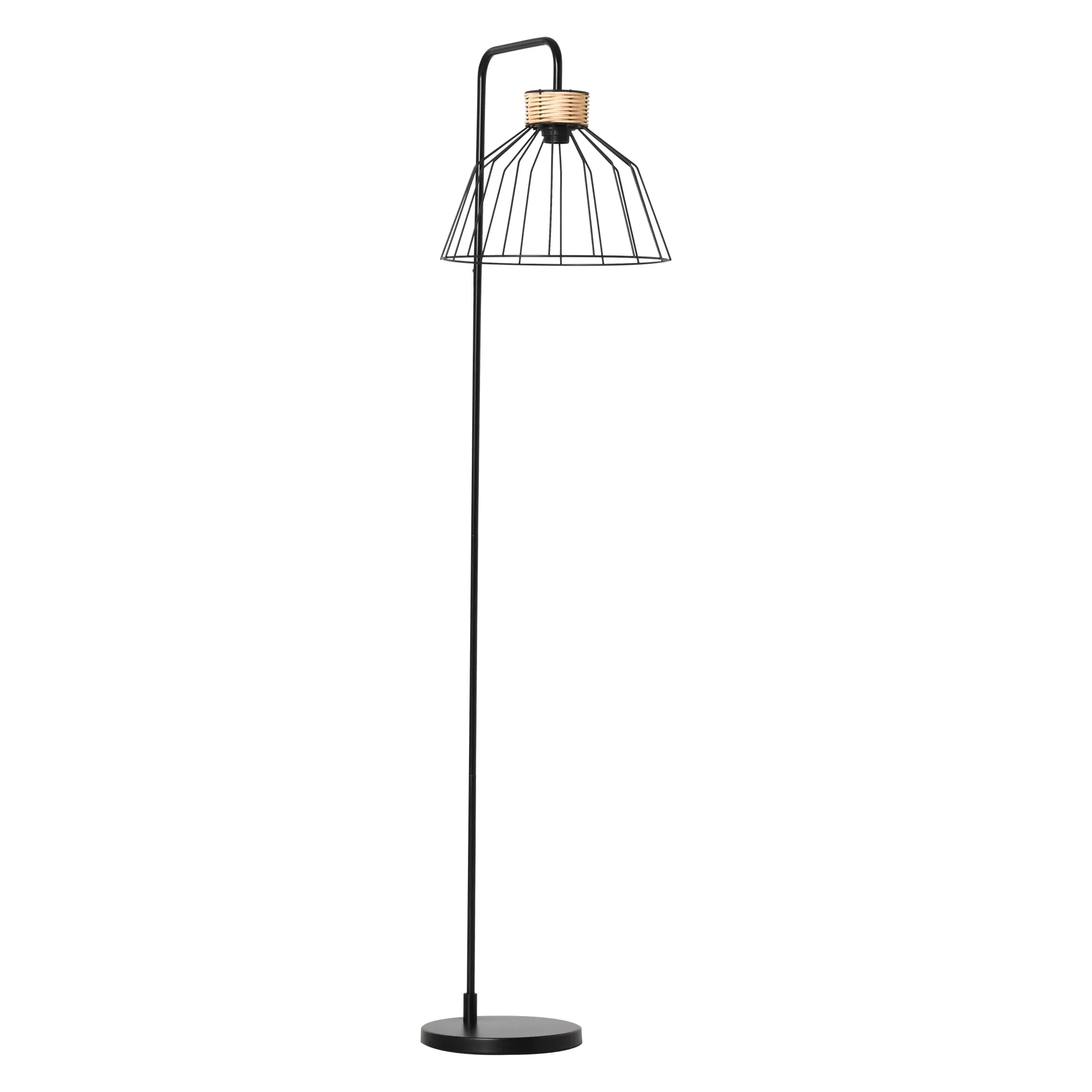 Lampadaire industriel grillagé arqué H154 cm métal noir rotin