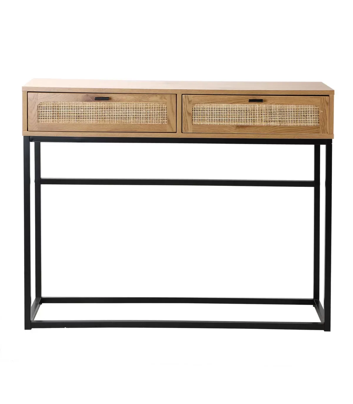 Console 2 Tiroirs Aspect Chêne avec Cannage Rotin - L100cm