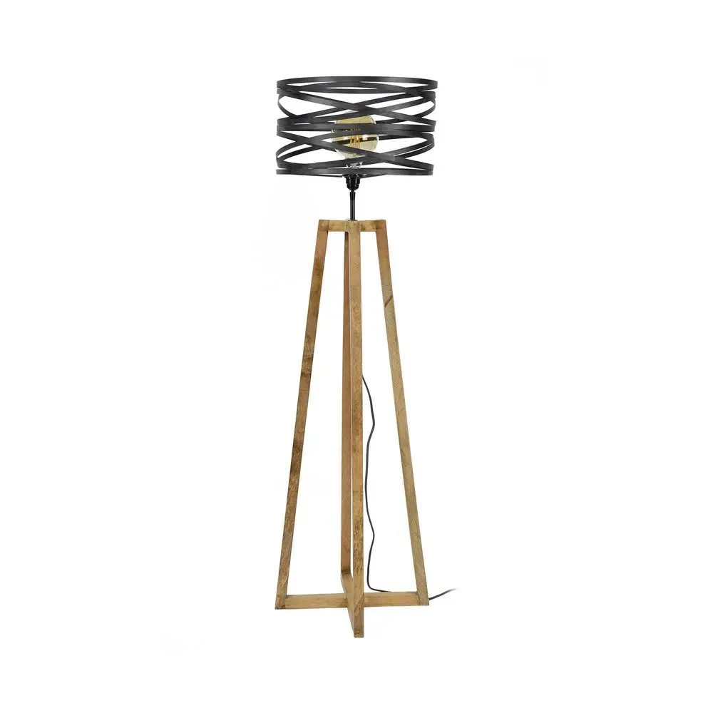 Lampadaire avec abat-jour en métal et piètement bois - BLAKE