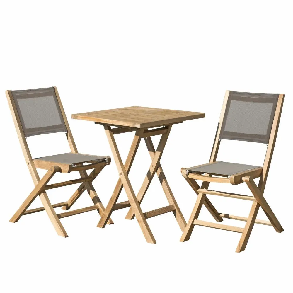 Table de jardin et chaises en teck et textilene 2 personnes