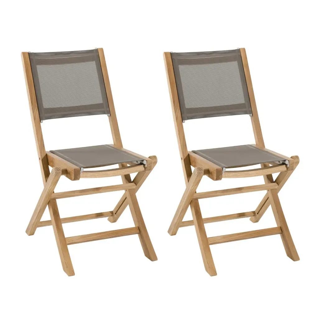 Lot de 2 chaises de jardin pliantes teck et textilène taupe