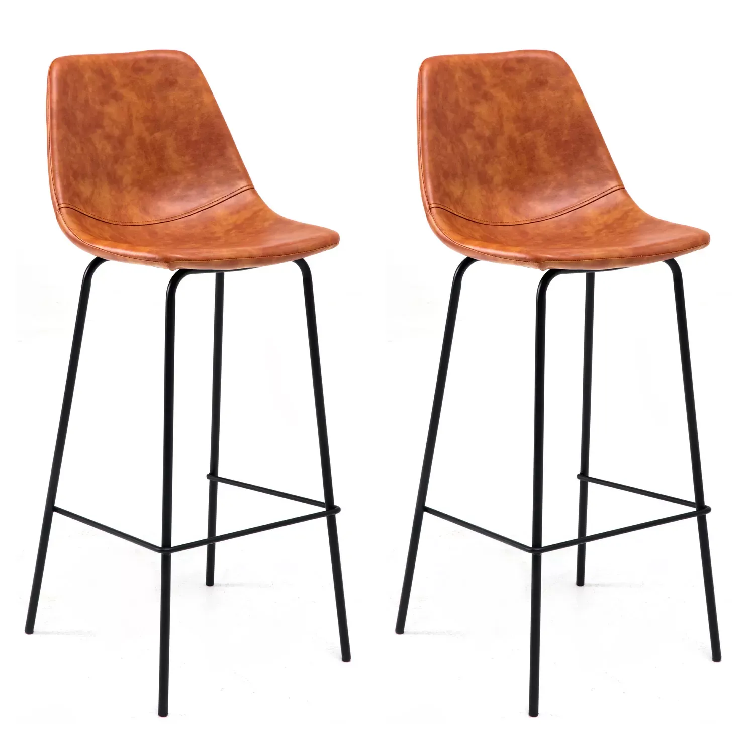 Lot de 2 tabourets de bar vintage 75cm en simili cuir cognac