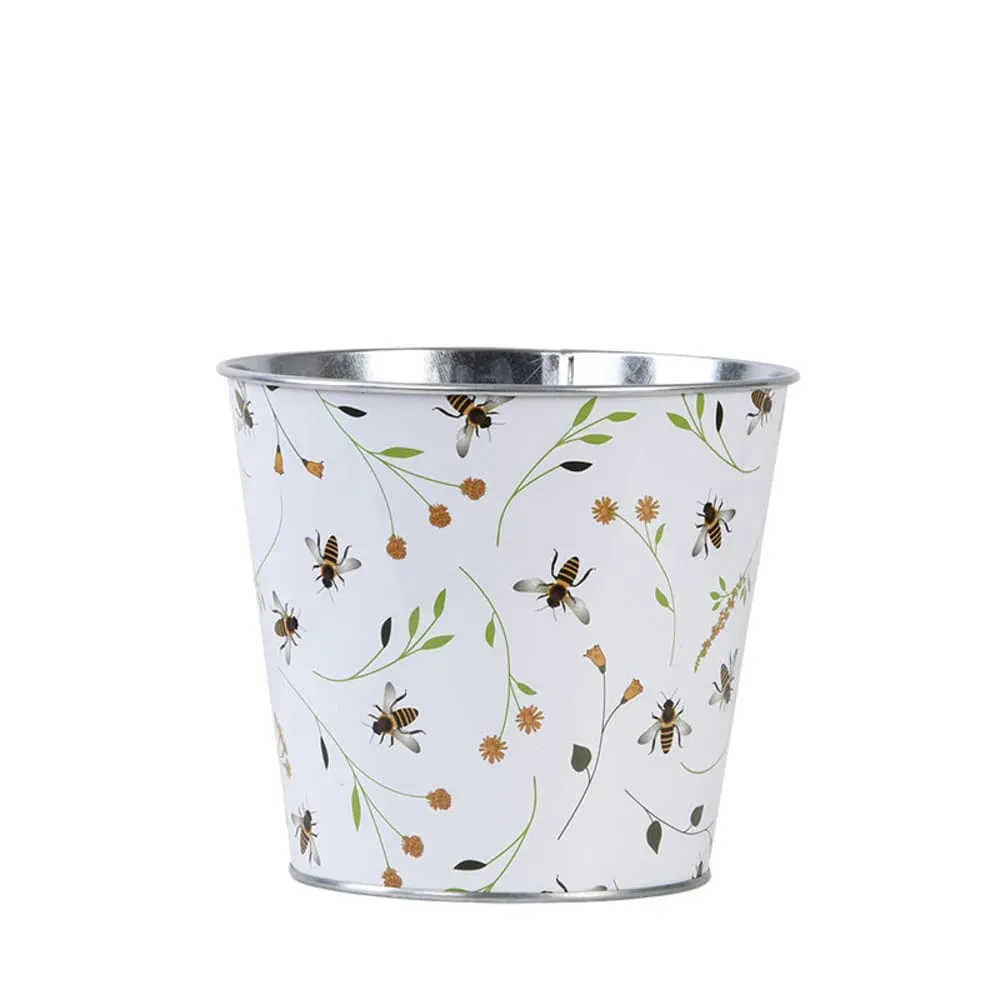 Cache-pot blanc zinc imprimé abeilles 16 cm