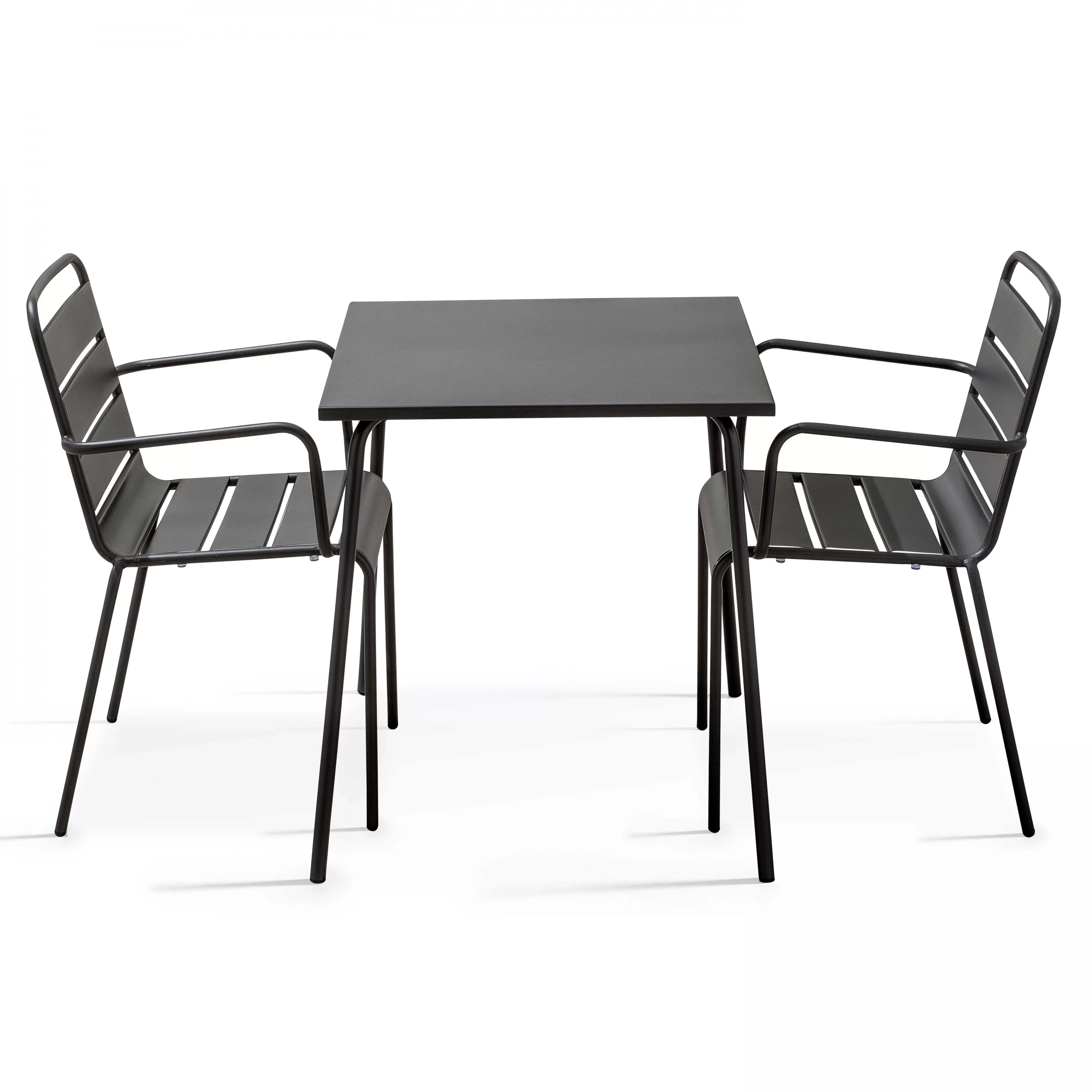 Ensemble table de jardin carrée et 2 fauteuils acier gris