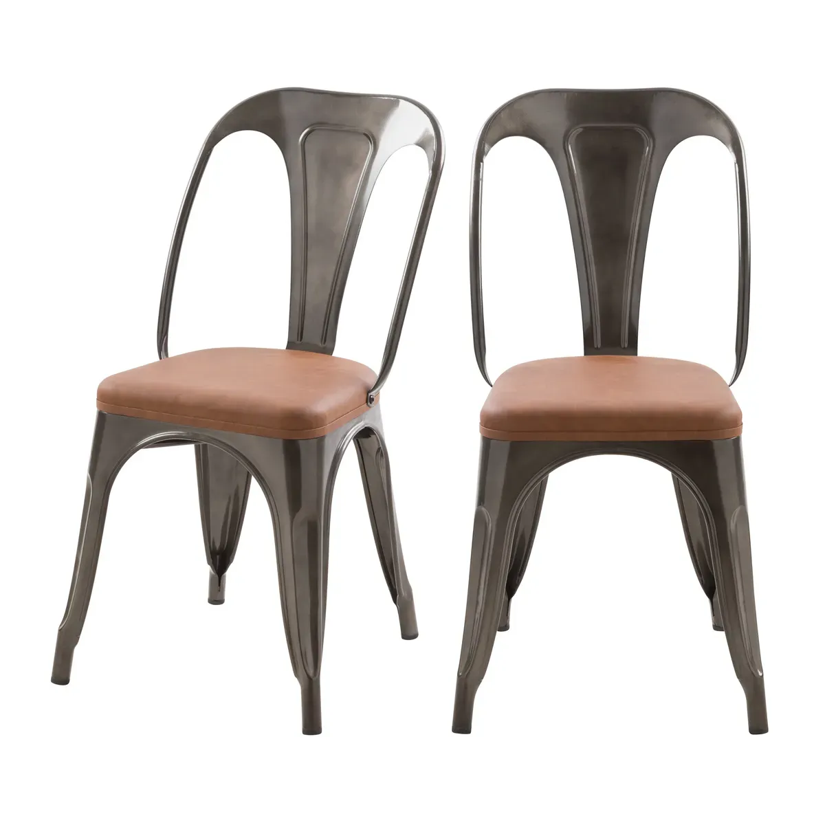 Lot de 2 chaises en métal gris et cuir synthétique marron
