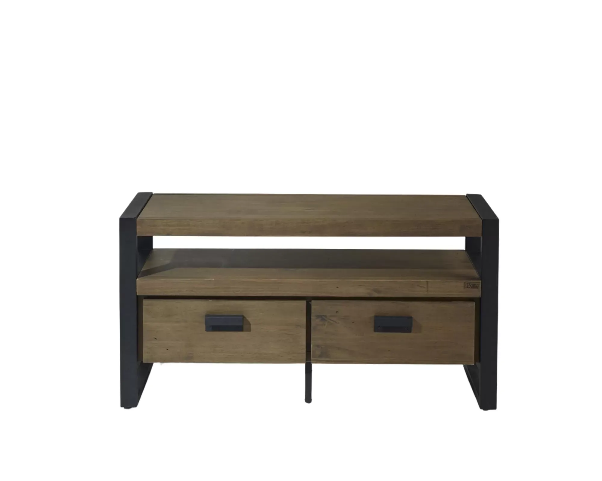 Meuble tv en pin et métal 2 tiroirs teinte fonçée