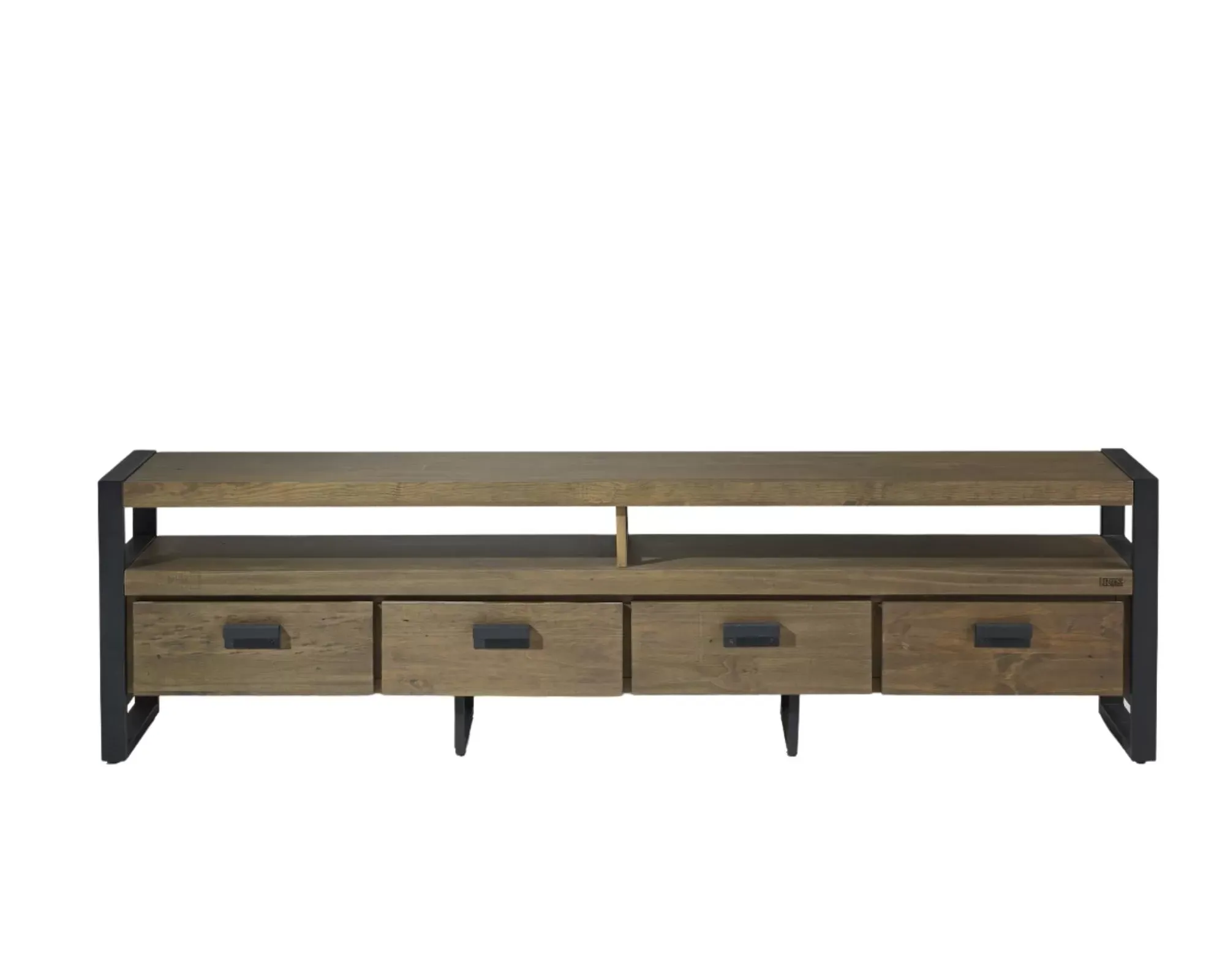 Meuble tv en pin et métal 2 tiroirs teinte foncée