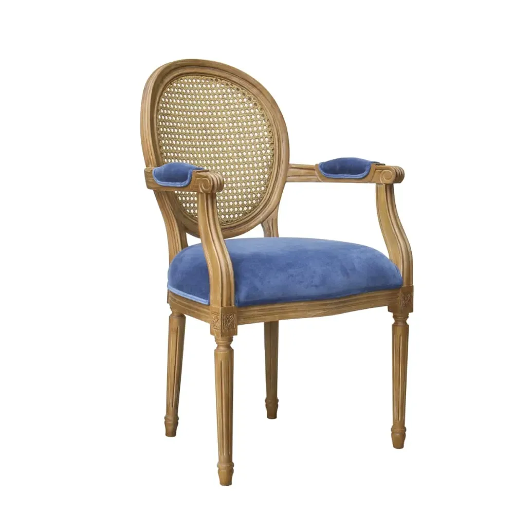 Fauteuil de table en hévéa, cannage et velours bleu orage