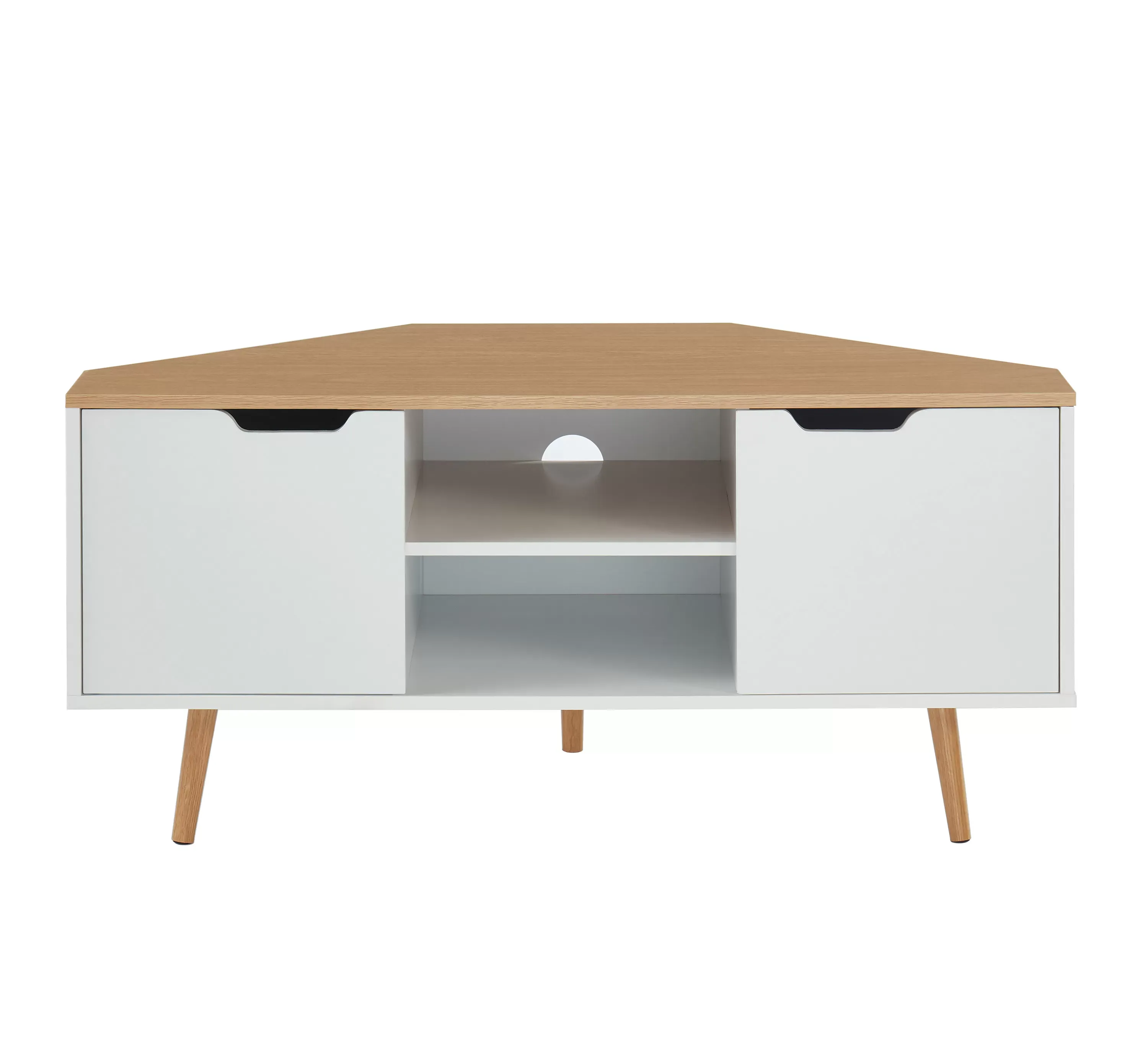 Meuble tv d'angle   blanc et effet bois et chêne  2 portes 115cm