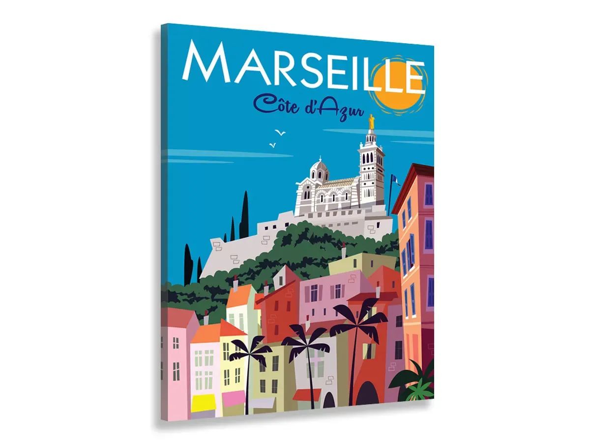 Tableau dessin vintage Marseille imprimé sur toile 60x90 cm