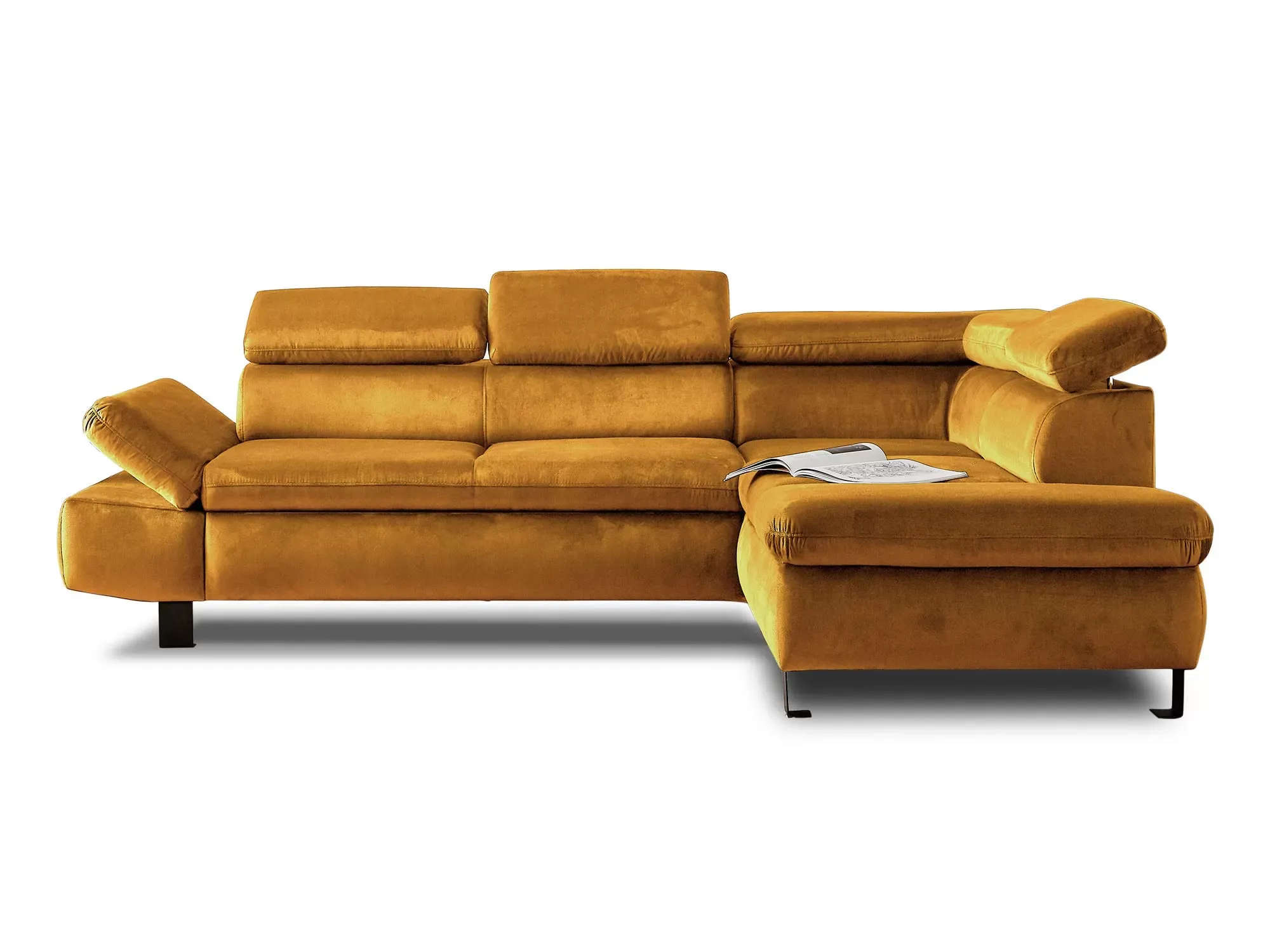 Canapé d'angle droit convertible 5 places en velours jaune