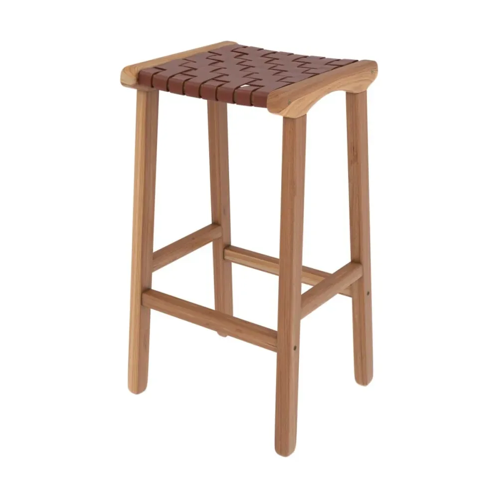 Tabouret pour îlot central 68 cm en teck et cuir tressé marron