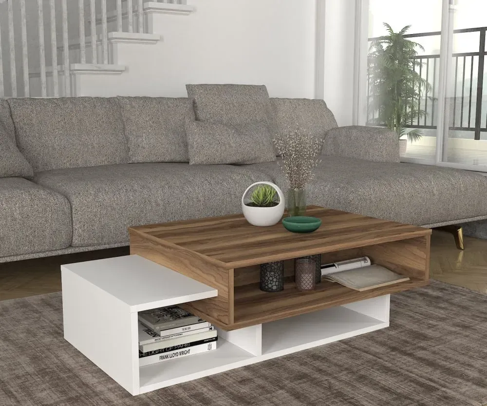 Table basse asymétrique bois blanc et naturel