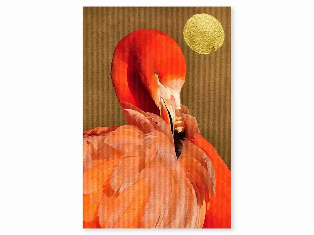 Tableau animaux flamants et soleil d'or imprimé sur toile 40x60 cm